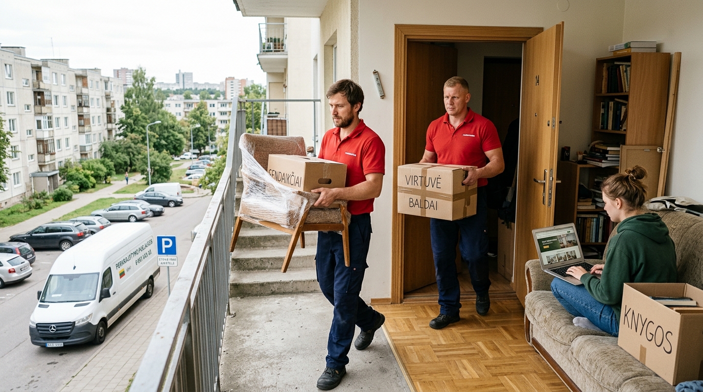Perkraustymo komanda pervežanti studento daiktus į nuomojamą butą
